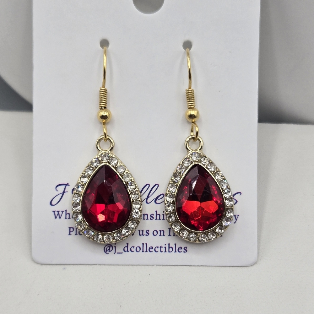 Swarovski Crystal Elements Gold Teardrop Earrings Ruby Red Prom Bridal Casual